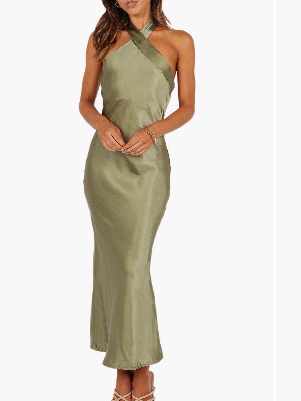 Petal & Pup Olive Green Cross-Neck Satin Slip Dress